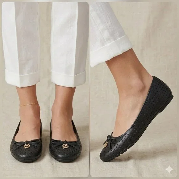 Michael Kors Fulton Liana Black Perforated Leather Flats Gold MK Logo Size 6 - Picture 3 of 11